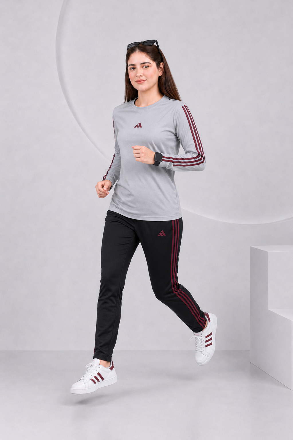 Adi Gray and Black with Mahroon stripes Full Sleeves Ultra Soft Dri-Fit Tracksuit - F