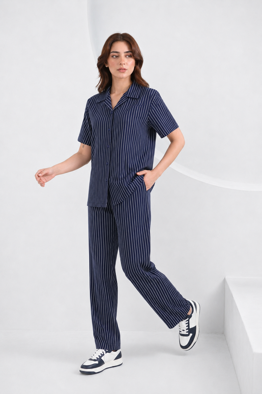 Baigino Navy Blue Streak Button-Down Co-ord Set - F