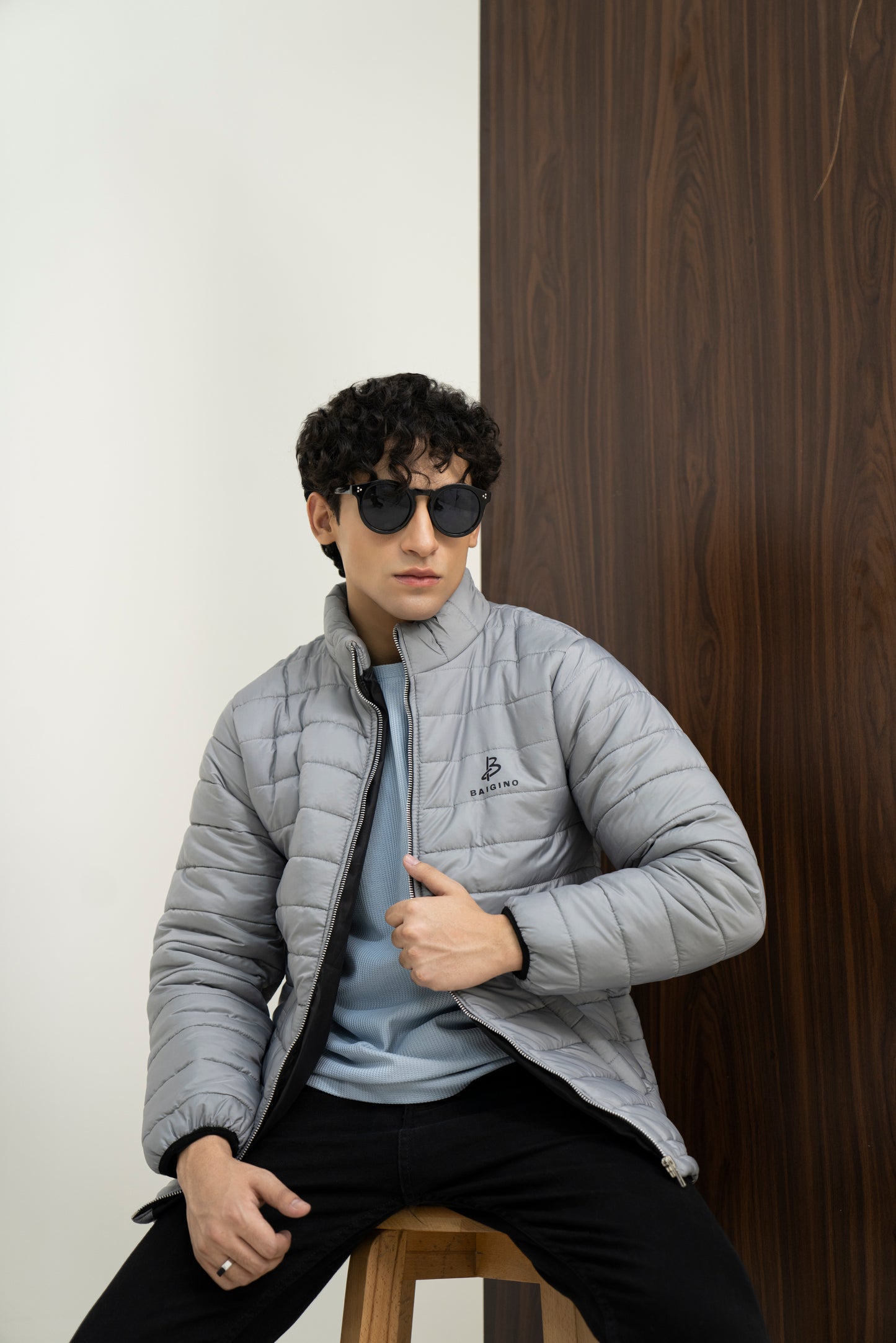 Silver Gray Full Sleeves Puffer Jacket