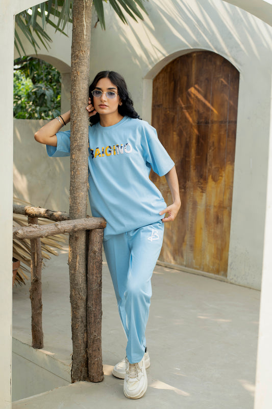 Airy Sky Blue, 100% Cotton Co-ord Set - F
