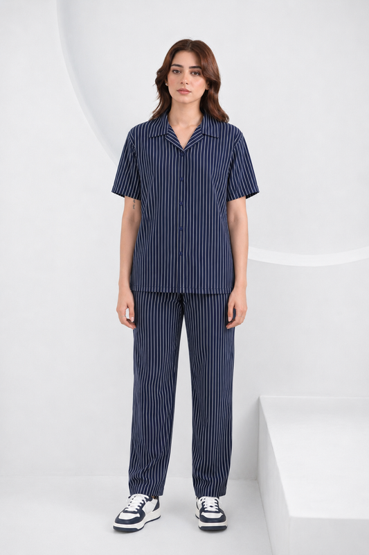 Baigino Navy Blue Streak Button-Down Co-ord Set - F