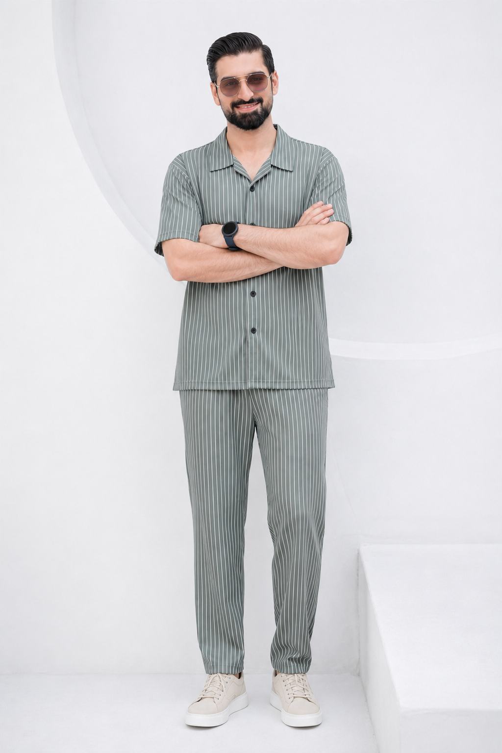 Baigino Gray Streak Button-Down Co-ord Set – product image 4