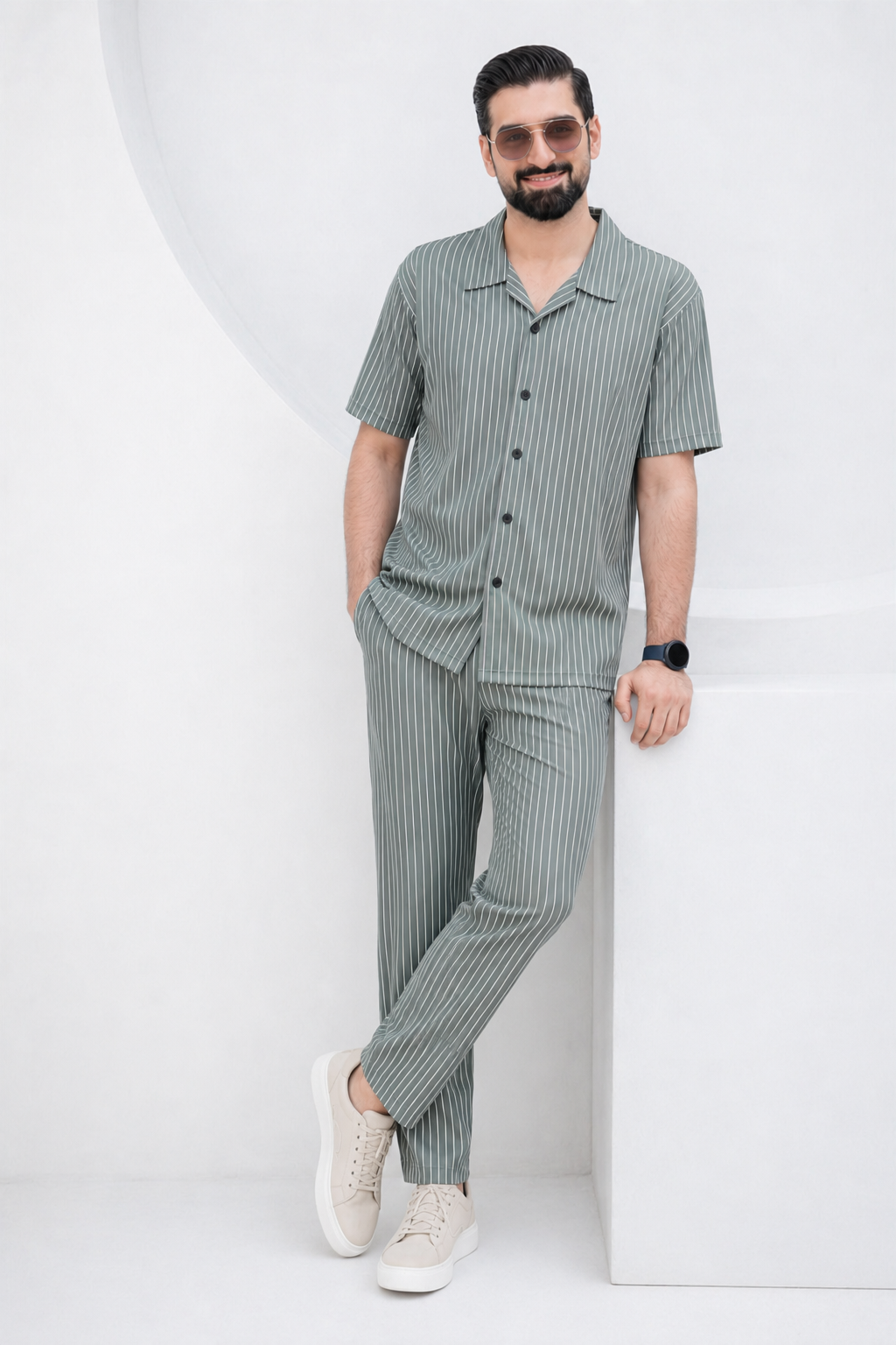 Baigino Gray Streak Button-Down Co-ord Set – product image 3