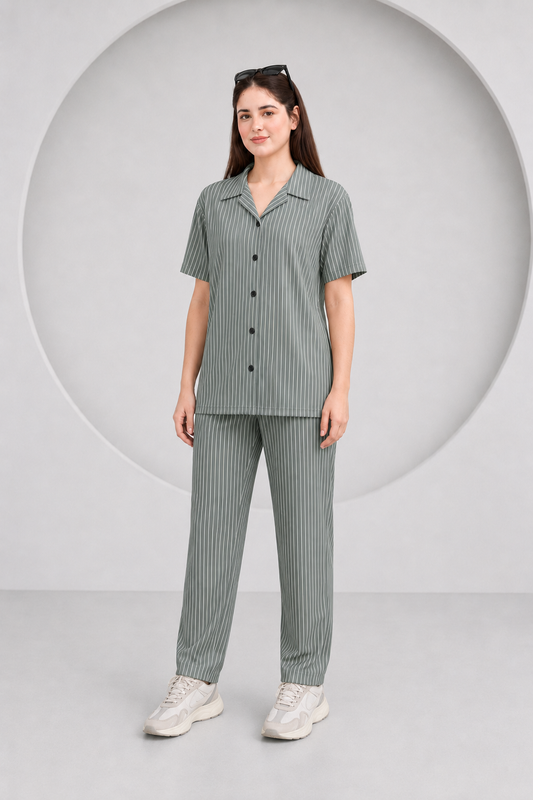 Baigino Gray Streak Button-Down Co-ord Set - F