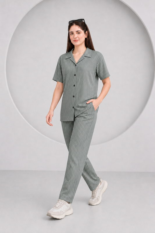 Baigino Gray Streak Button-Down Co-ord Set - F