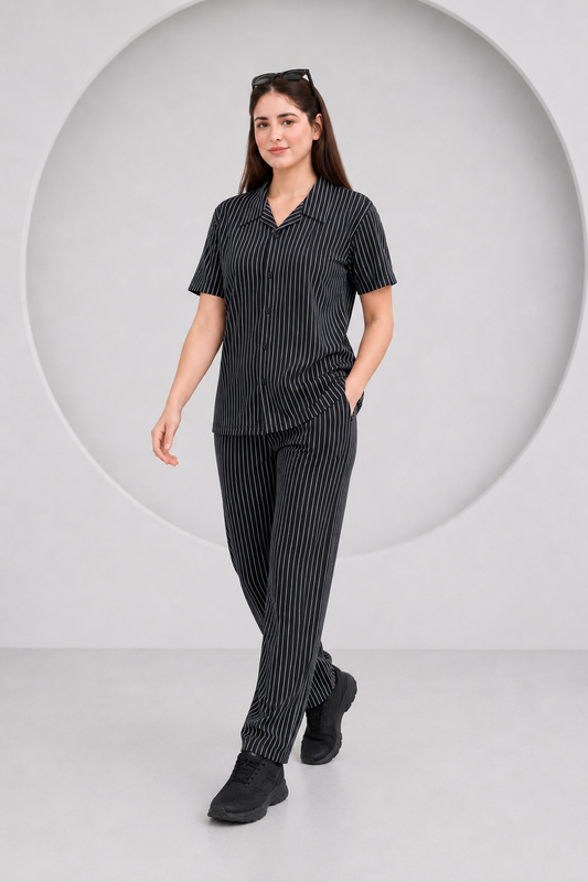 Baigino Black Streak Button-Down Co-ord Set - F