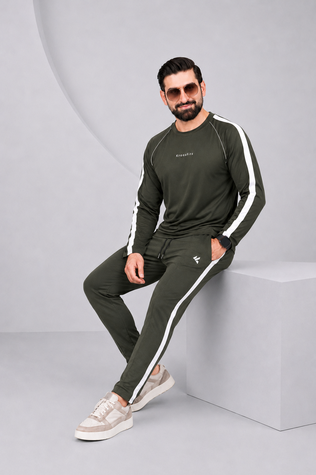 KF Olive and white Full sleeves Ultra Soft Dri-Fit Tracksuit