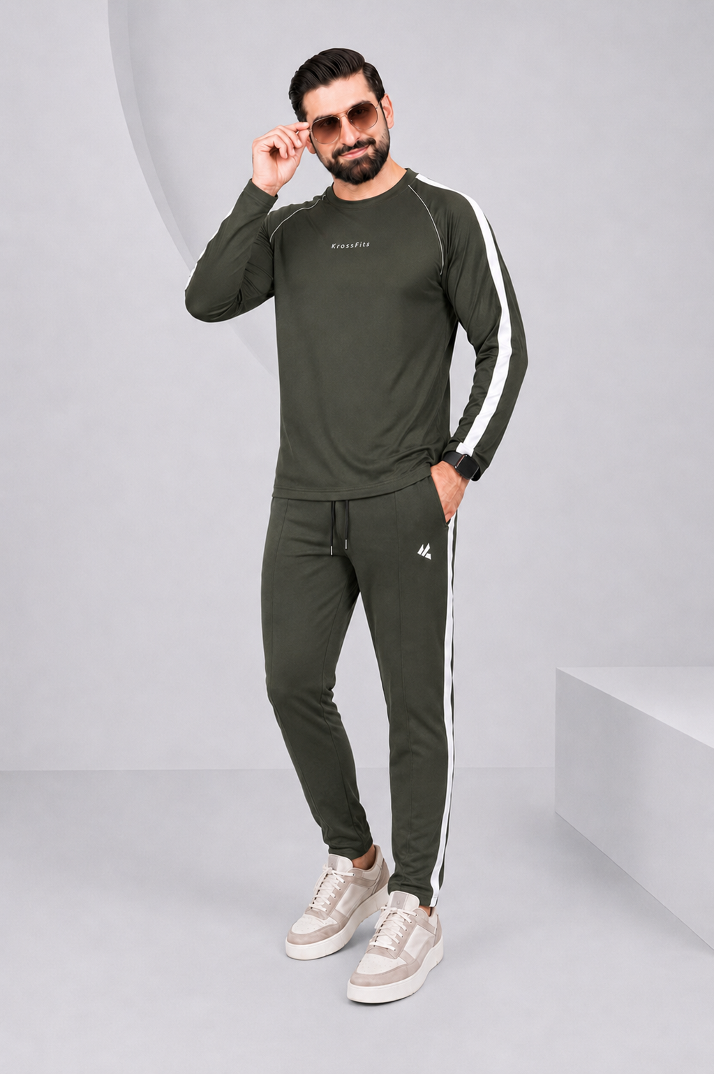 KF Olive and white Full sleeves Ultra Soft Dri-Fit Tracksuit