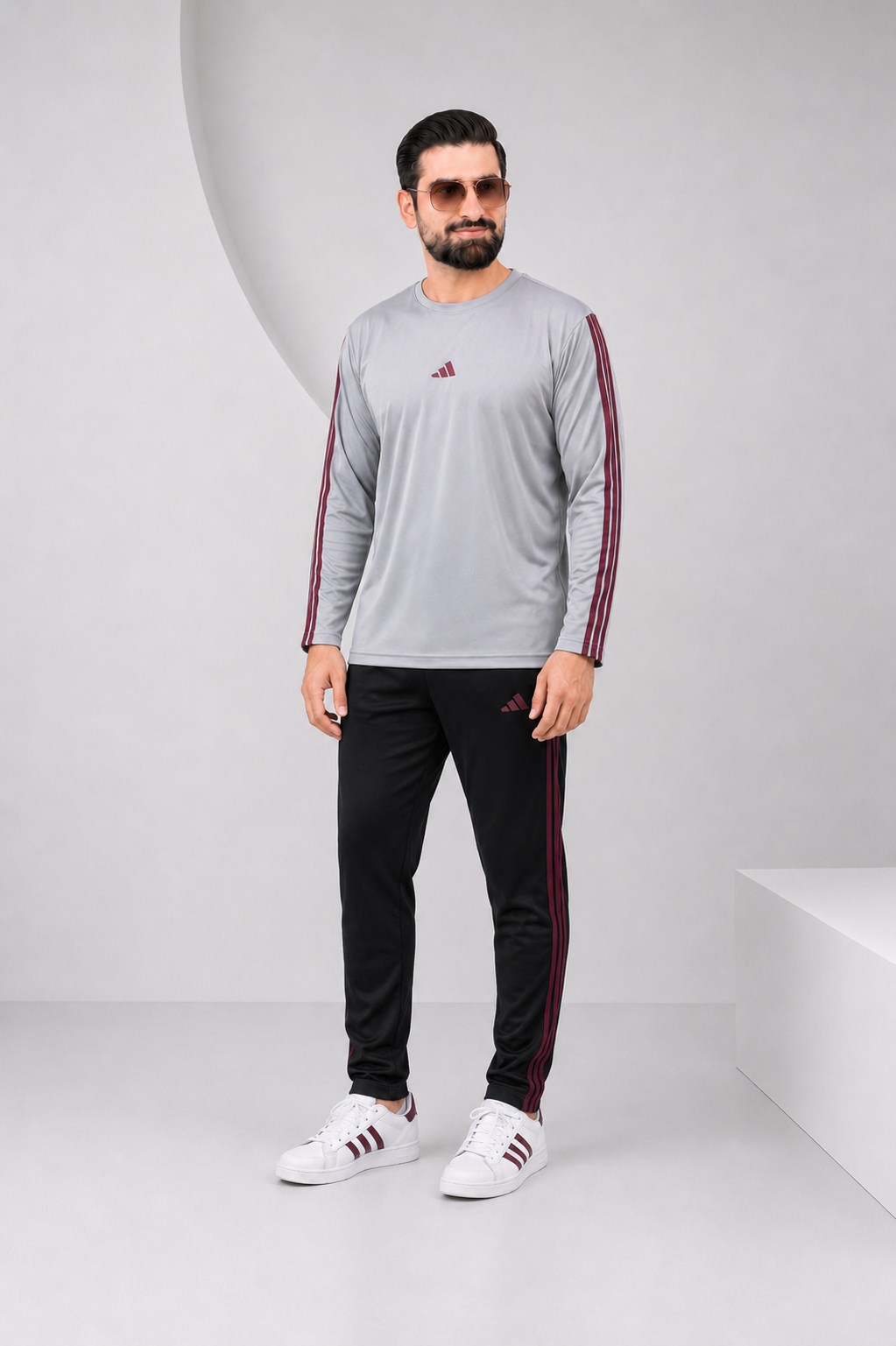 Adi Gray and Black with Mahroon stripes Full Sleeves Ultra Soft Dri-Fit Tracksuit