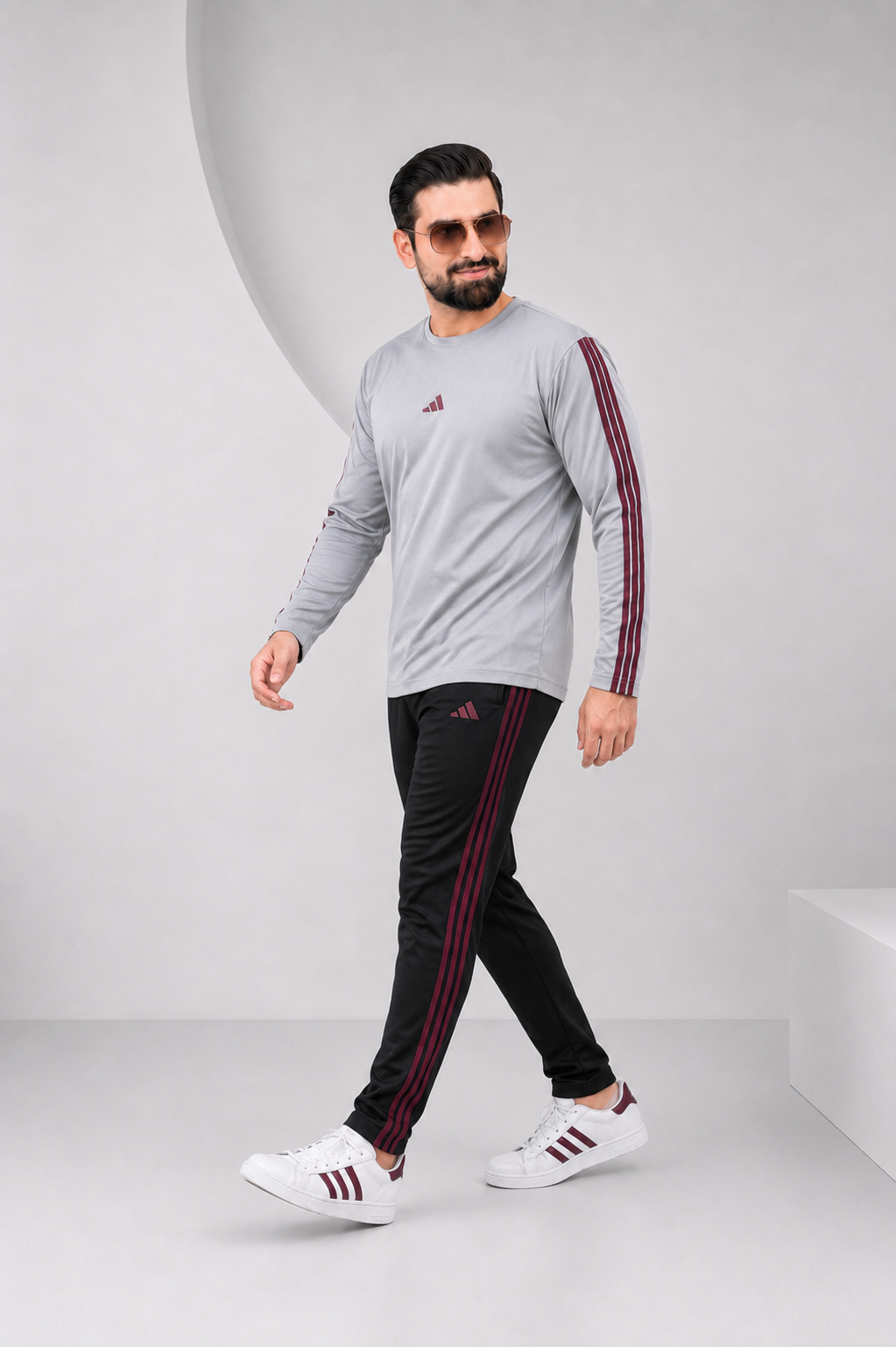 Adi Gray and Black with Mahroon stripes Full Sleeves Ultra Soft Dri-Fit Tracksuit