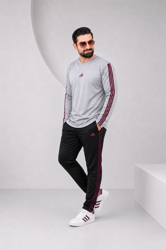 Adi Gray and Black with Mahroon stripes Full Sleeves Ultra Soft Dri-Fit Tracksuit