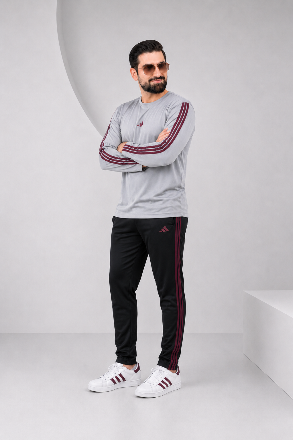 Adi Gray and Black with Mahroon stripes Full Sleeves Ultra Soft Dri-Fit Tracksuit