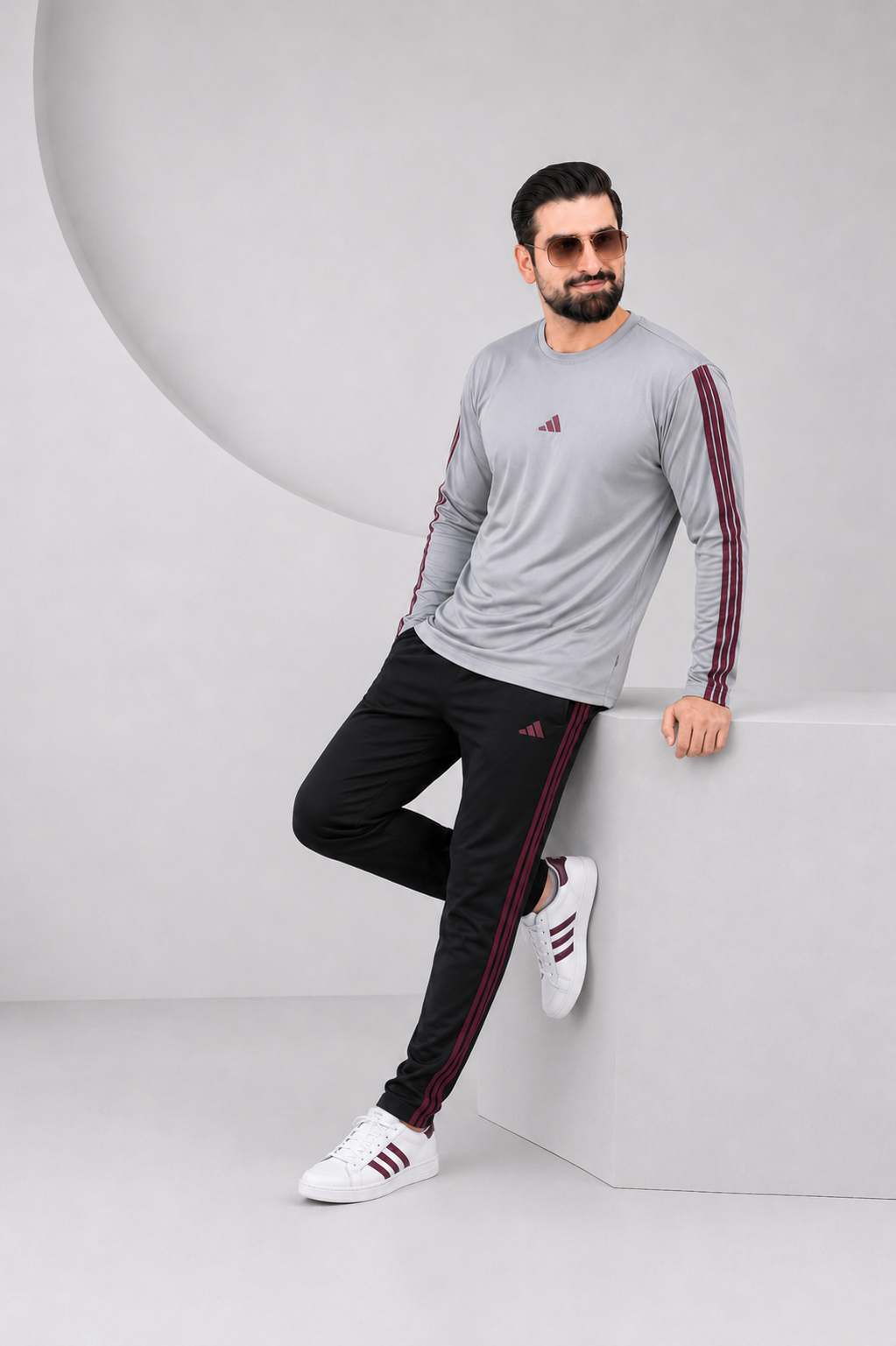 Adi Gray and Black with Mahroon stripes Full Sleeves Ultra Soft Dri-Fit Tracksuit