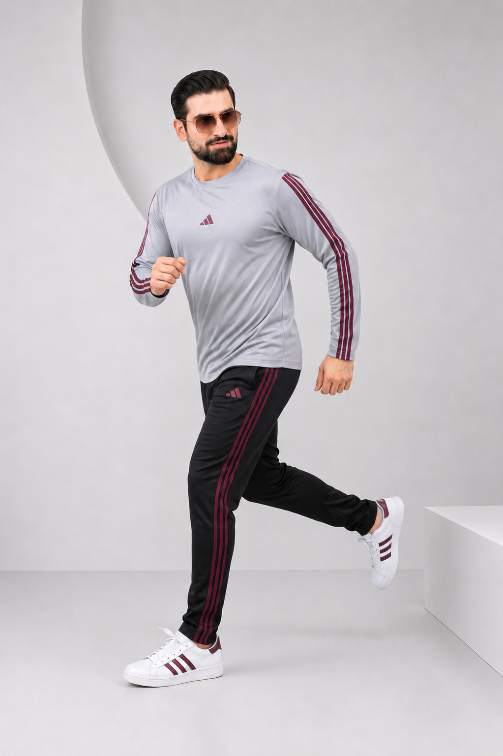 Adi Gray and Black with Mahroon stripes Full Sleeves Ultra Soft Dri-Fit Tracksuit