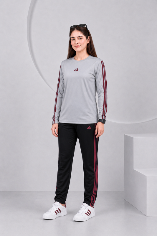 Adi Gray and Black with Mahroon stripes Full Sleeves Ultra Soft Dri-Fit Tracksuit - F