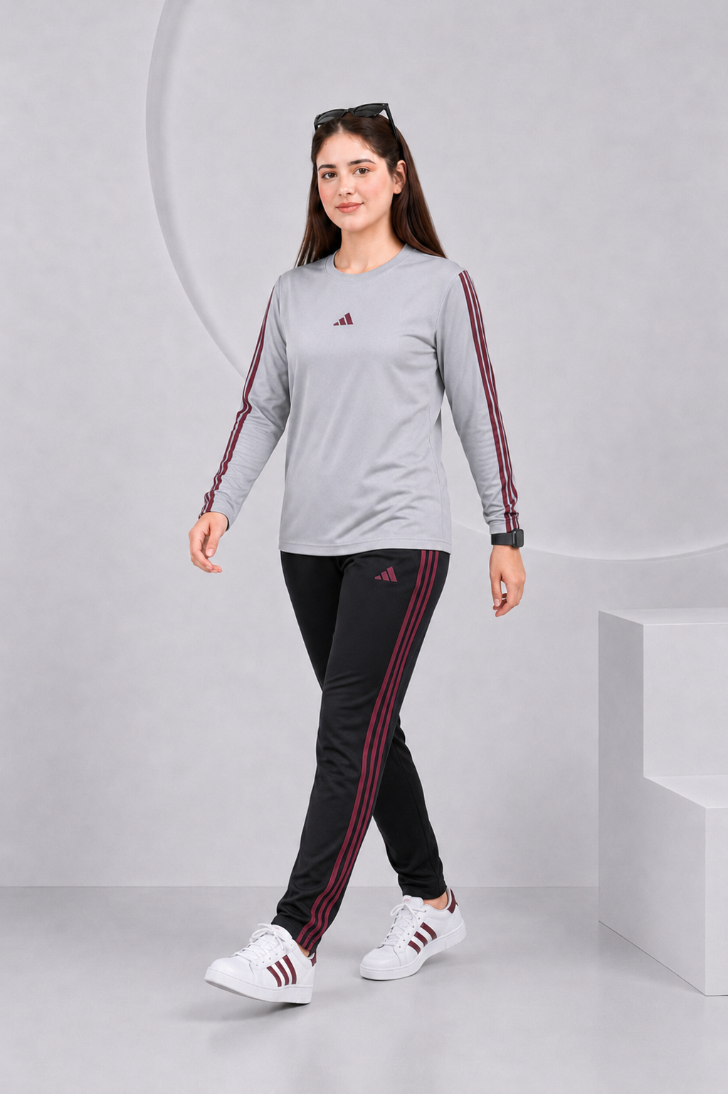 Adi Gray and Black with Mahroon stripes Full Sleeves Ultra Soft Dri-Fit Tracksuit - F
