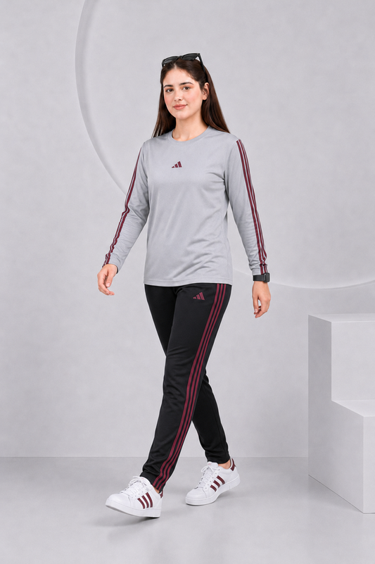 Adi Gray and Black with Mahroon stripes Full Sleeves Ultra Soft Dri-Fit Tracksuit - F