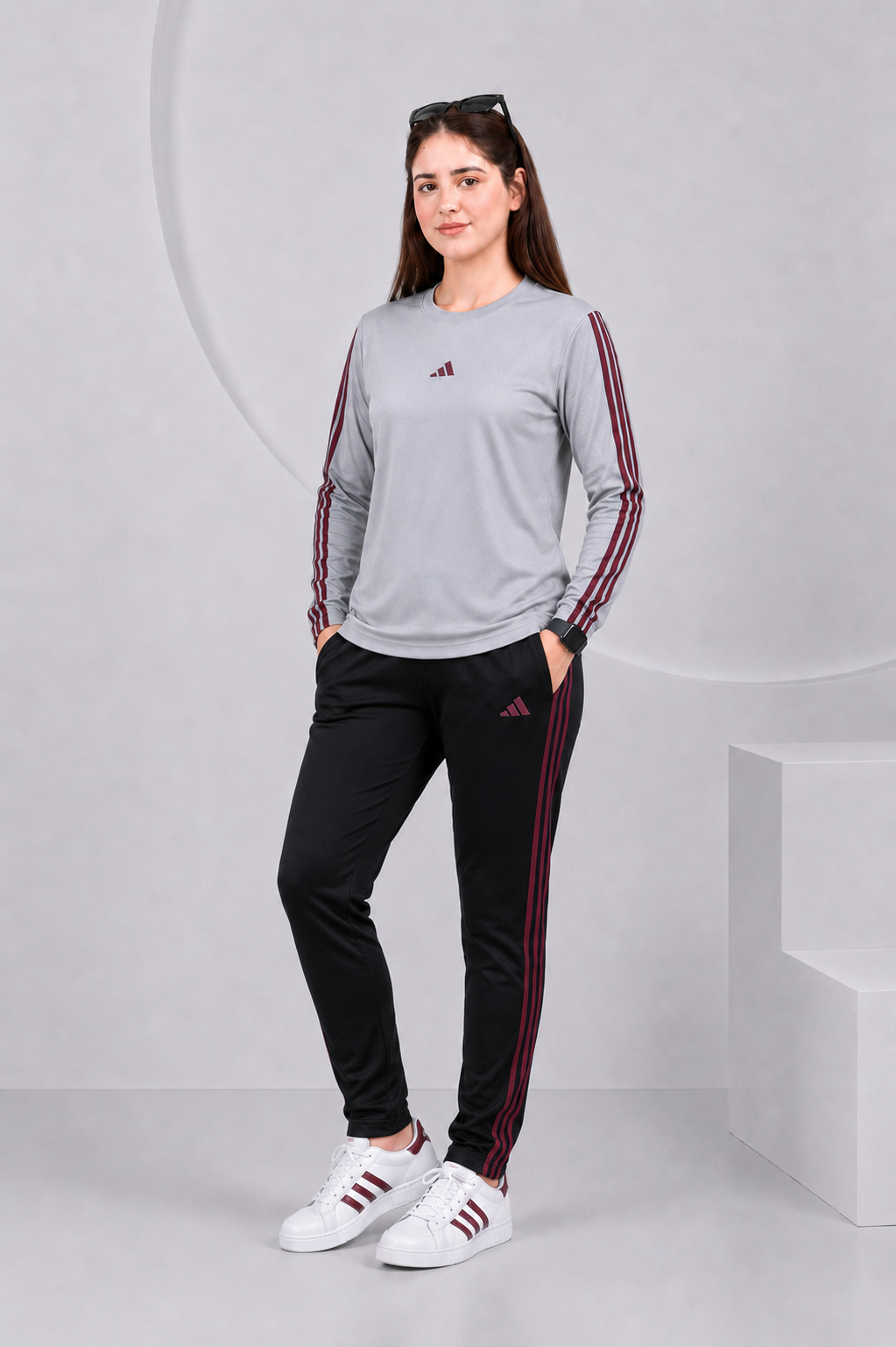 Adi Gray and Black with Mahroon stripes Full Sleeves Ultra Soft Dri-Fit Tracksuit - F