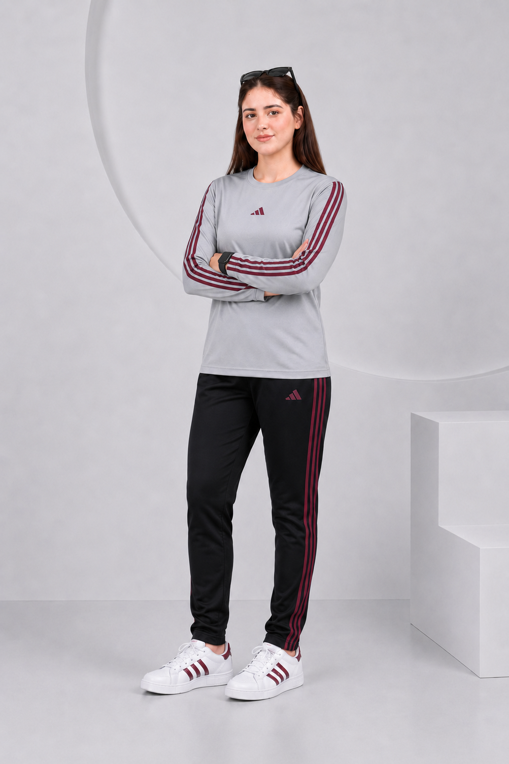 Adi Gray and Black with Mahroon stripes Full Sleeves Ultra Soft Dri-Fit Tracksuit - F
