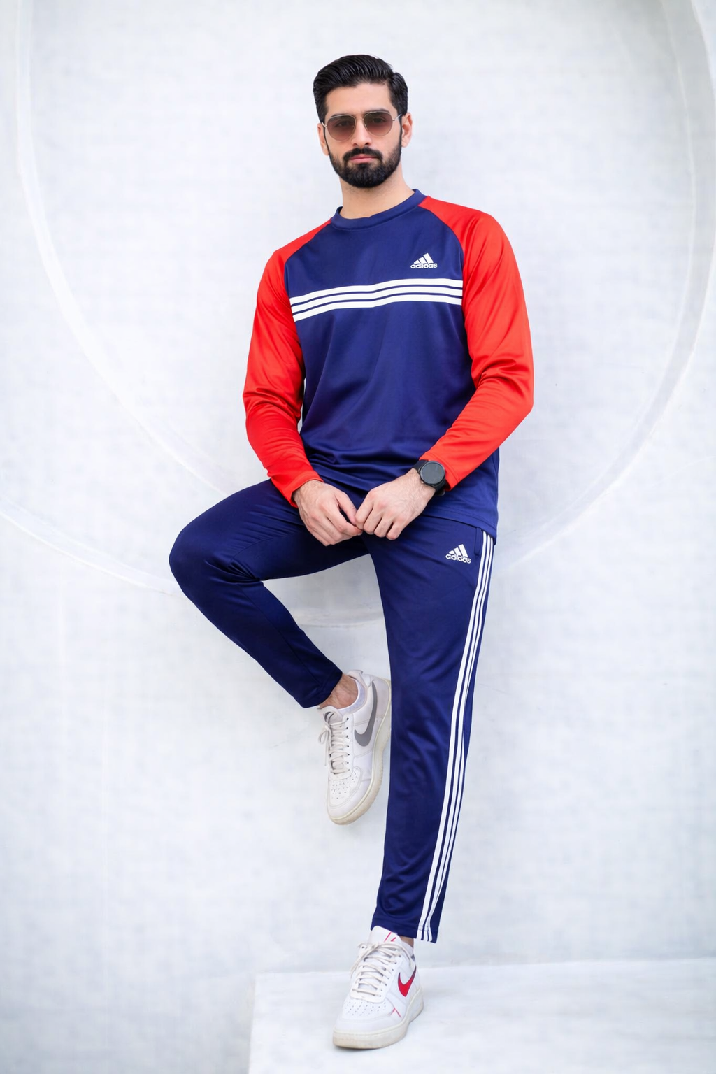 ADI Navy Blue & Red Full Sleeves Dri-Fit Tracksuit