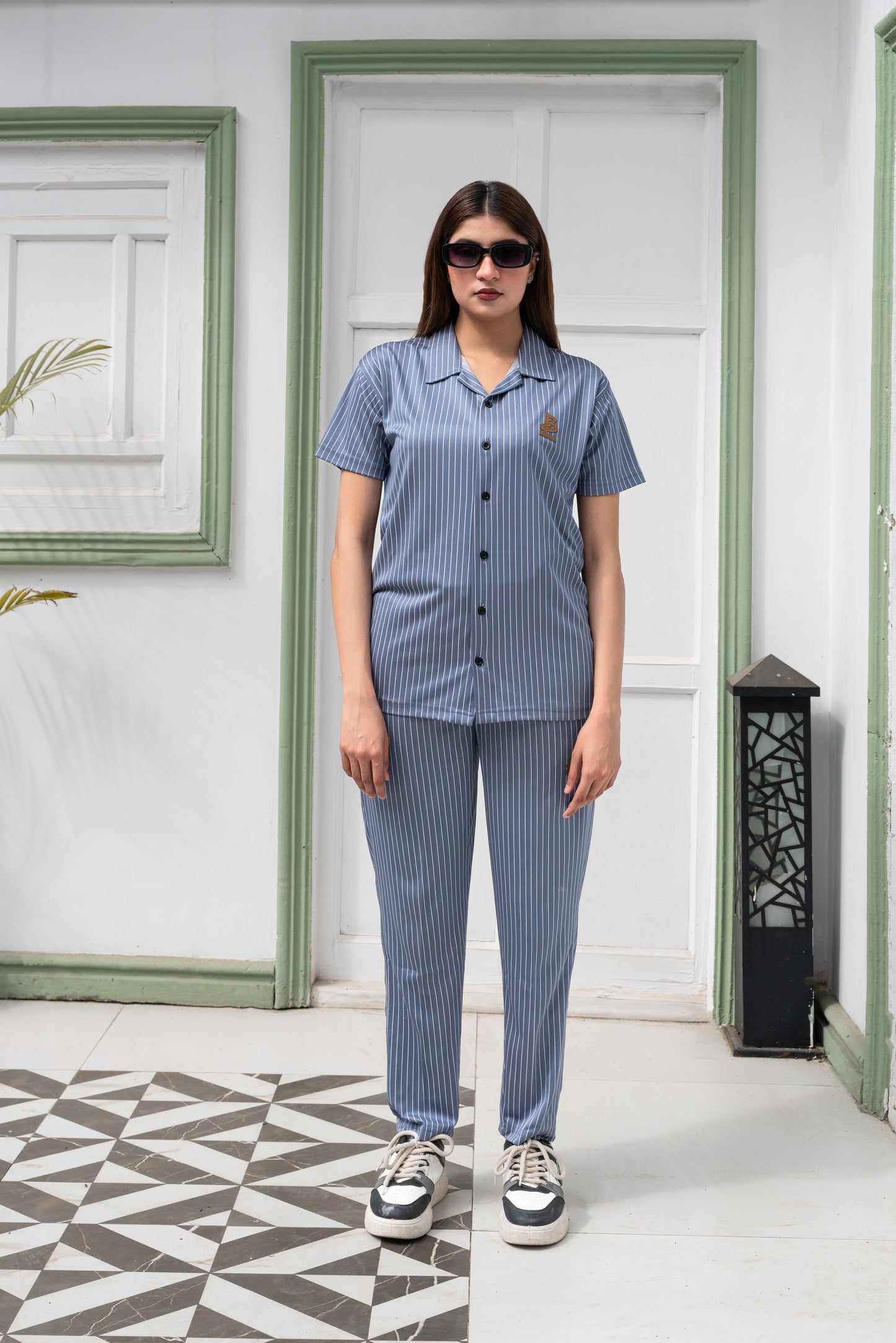 Baigino Gray Streak Button-Down Co-ord Set  - F
