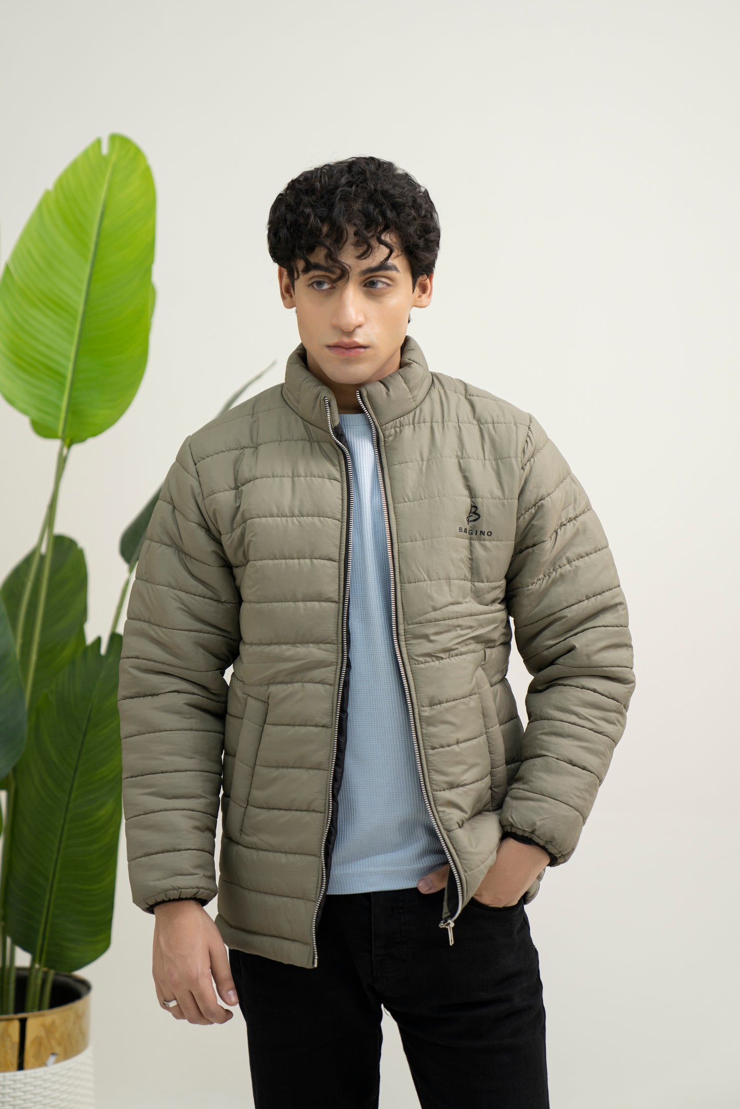 Olive Green Full Sleeves Puffer Jacket