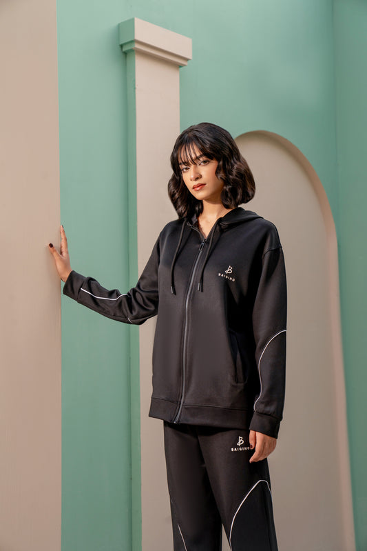 Black Momentum Tracksuit | Imported Scuba Fabric | 4-Way Stretch - F