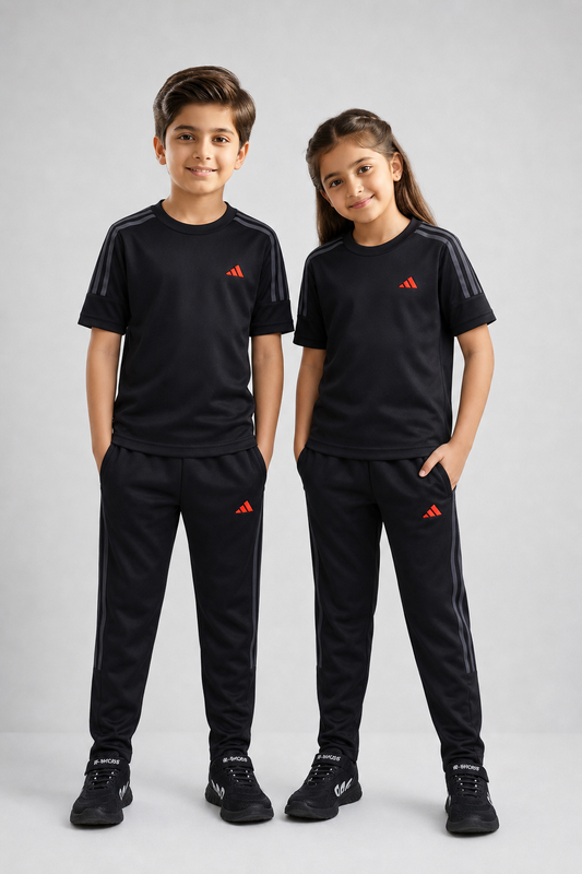 ADI Black with Grey Stripes Kids Dri-Fit Tracksuit