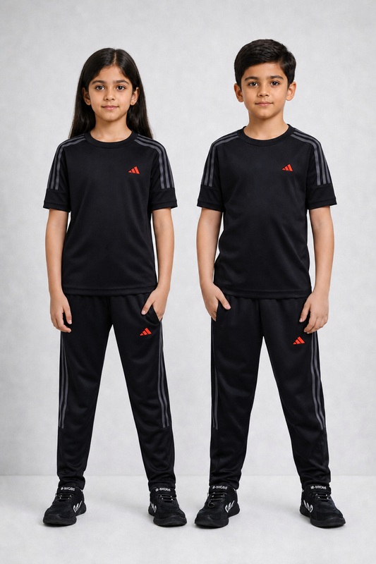 ADI Black with Grey Stripes Kids Dri-Fit Tracksuit