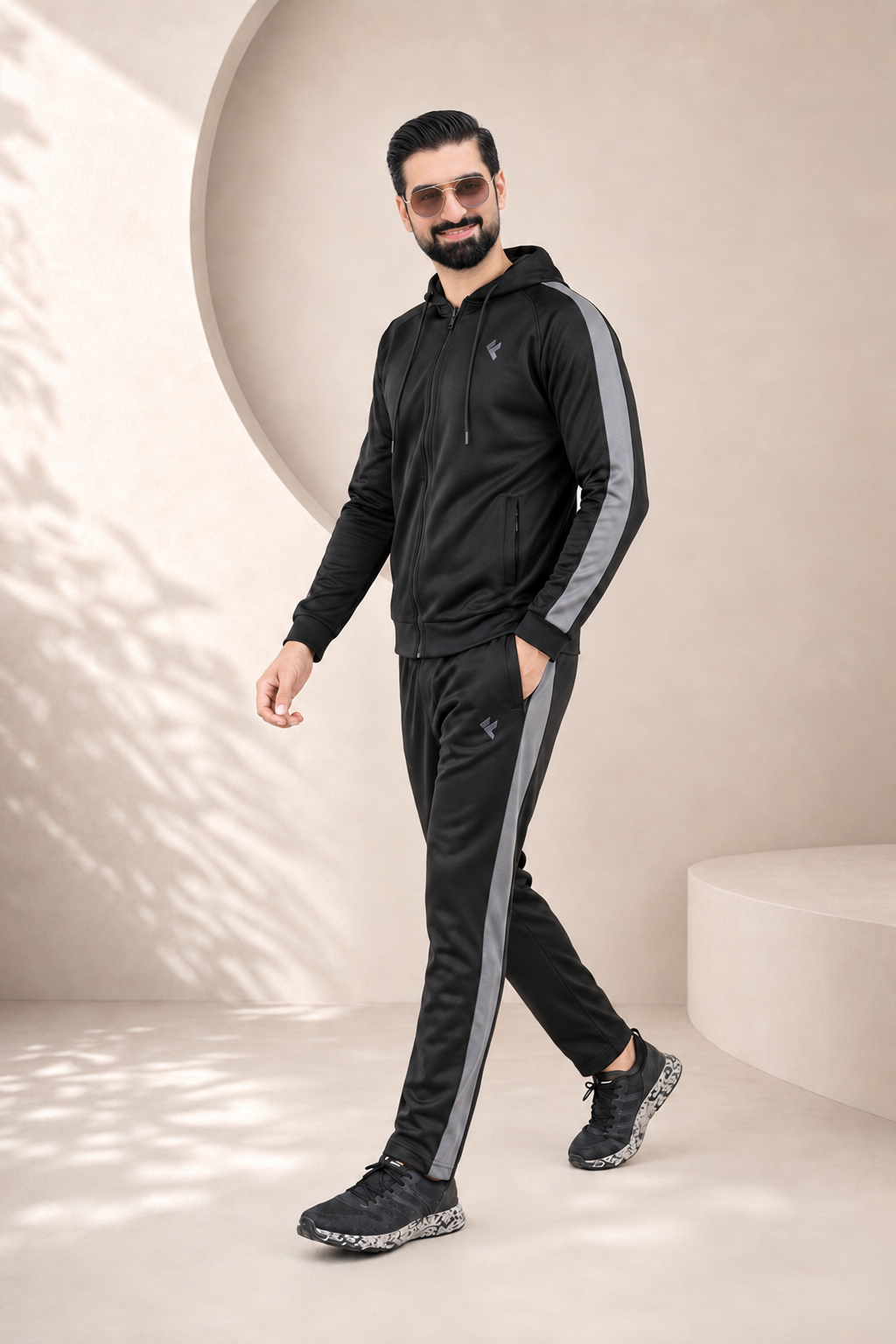 KF Black & Gray Full Sleeves Winter Tracksuit — walking view