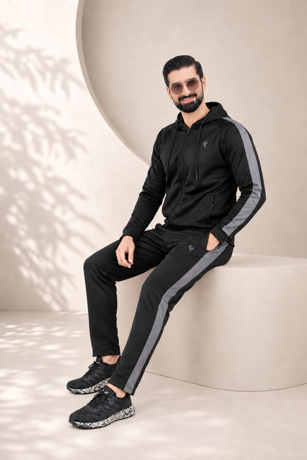 KF Black & Gray Full Sleeves Winter Tracksuit — seated view