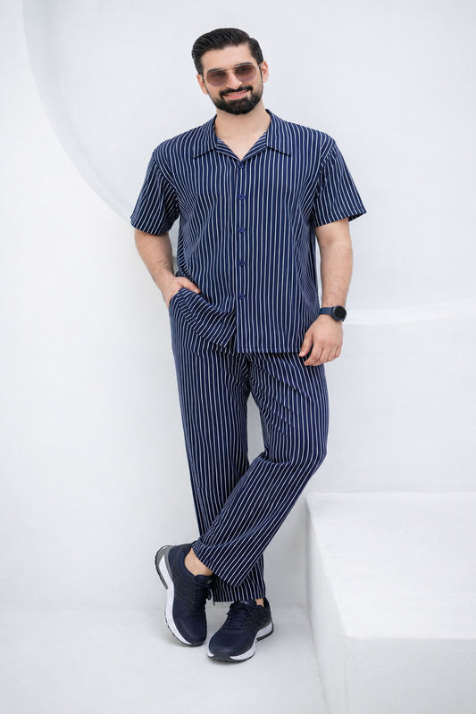 Baigino Navy Blue Streak Button-Down Co-ord Set