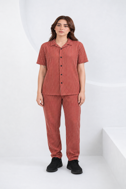 Baigino Rust Brown Streak Button-Down Co-ord Set - F