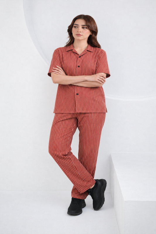 Baigino Rust Brown Streak Button-Down Co-ord Set - F