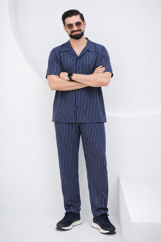 Baigino Navy Blue Streak Button-Down Co-ord Set