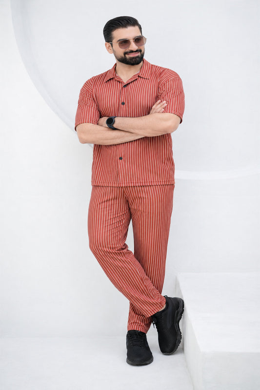 Baigino Rust Brown Streak Button-Down Co-ord Set