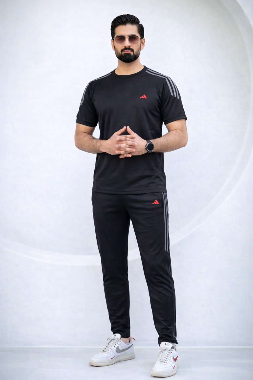 ADI Black with Grey Stripes Dri-Fit Tracksuit